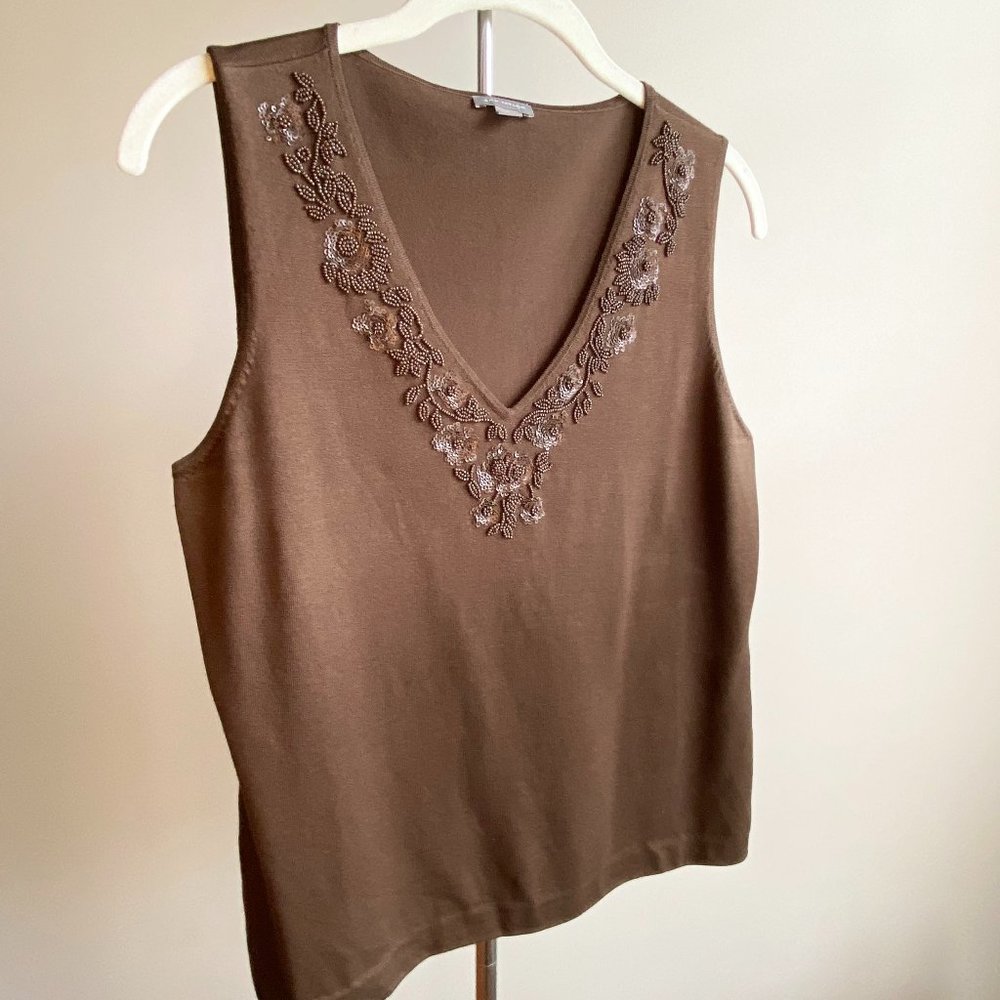 Ann Taylor Chocolate Brown Beaded V-Neck Top, Perfect Condition